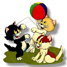 Vintage Disney-Deko 1950er Laubsägearbeit Drei kleine Kätzchen 20x20cm Figur RAR