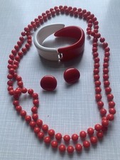 80er Jahre Modeschmuck Kette Armreif Clipohrringe Vintage rot weiss Plastik