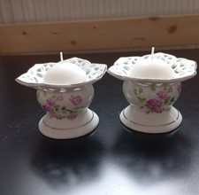 2er Set VINTAGE Porzellan Teelichthalter | Rosa Rosen & Goldrand | Romantik 60er