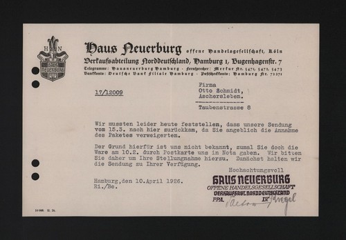 Hamburg brief 1926 haus - hamburg,,