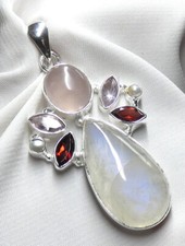 Mondstein Rosenquarz Granat Perlen Tropfen Anhänger 925 Silber wertv.   UNIKAT*