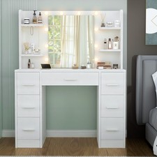 Modern Schminktisch mit Spiegel und LED-Leuchten, Kommode mit 7 Schubladen, Weiß