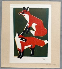 Walter Ebke, farbiger Linolschnitt, Motiv: Füchse, signiert