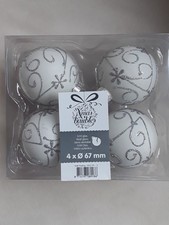 Weihnachtskugeln, Echt Glas  Fier Stück, 6,7 cm Durchmesser Weiß, Silber,...