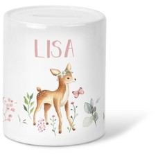 Bedruckte Spardose für Kinder - im Reh Design - Personalisiert mit Namen