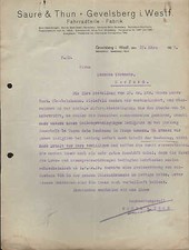 GEVELSBERG i. Westf., Brief 1927, Fahrrad-Teile-Fabrik Saure & Thun