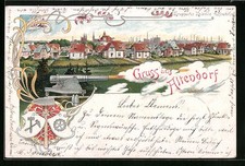 Lithographie Altendorf / Ruhr, Totalansicht, Schießende Kanone, Wappen 1901 