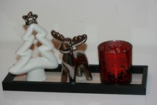 Teller holz weißer Porzellan 3er-Set Deko Skulptur Kerzenhalter Elch Tannenbaum