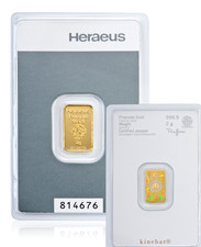 Goldbarren 2 Gramm 999.9 Kinebar HERAEUS in Blisterkarte mit Zertifikat 2g Gold