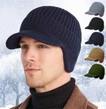 Neu Strickmütze Schirmmütze Herren Winter Warm Ohrenklappen Kurze Beanie Mützen