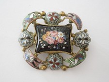 Emaille Brosche Antik Messing Blumenmalerei Jugendstil 9,5 g/4,4 x 3,6 cm