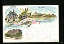 Lithographie Hanau, Schloss Phillippsruhe, Französische Kirche 1902 