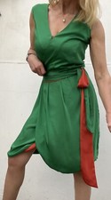 Sexy Kleid Gr.S/36 grün orange seidiges Material mit Gürtel SOLAR Wickeloptik