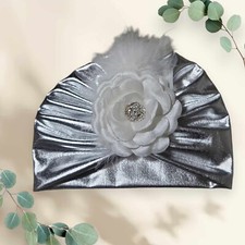 Babymütze zum Taufkleid Taufmütze Baby Turban Taufhut Mütze Taufe silber 0-6 Mon