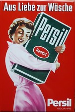 Persil Blechschild, Dame mit Packung, roter Hintergrund, ca. 60 x 40 cm
