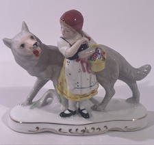 Weiße Rotkäppchen Porzellan Figur Antik Vintage Erphila Figur mit Wolf Statue