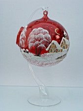 Weihnachtliche Teelichtkugel - Lampion  mit Halter aus Glas. Handbemalt. d. 12cm