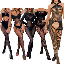 Damen Transparent Netzbody Mesh Bodysuit Overall Fischernetz Strapse Strümpfe 