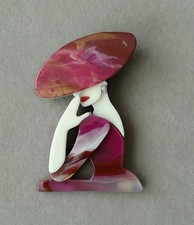 Retro Brosche Dame Mit Hut Acryl Mode 70er 80er Style Elegante Lady Frauen Kopf