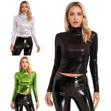 DE Damen Metallic Langarmshirts Stehkragen Sexy Glänzend Oberteile Slim Fit Top