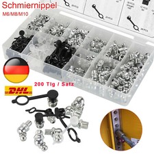 200tlg SCHMIERNIPPEL HYDRAULIK FETTNIPPEL SORTIMENT SET M6 M8 M10 GERADE 45° 90°