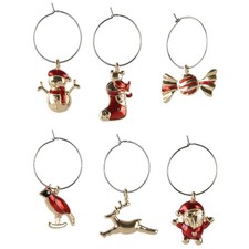 Weihnachtliche Weinglas-Markierer 6 Motive Rot & Goldfarben 6 St. -Metall & Glas
