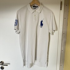 Polo Ralph Lauren Poloshirt Weiß Pony Blau 100% Baumwolle Herren L Custom Fit