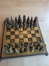 Schachspiel Antiquität Kupfer & Messing, Metallfiguren, Brett 30x30cm