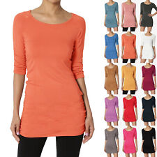 Damen 3/4 Ärmel Langarm Kurzarm Long Lang T-Shirt Shirt Bluse Top Basis Unifarbe