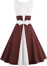 Damen Cocktailkleid Retro Vintage 50s Rockabilly Ärmellos, Weiß/Braun, 2XL