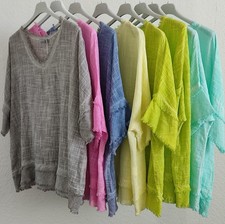 Italy Damen Shirt T-Shirt Tunika Leinen-Mix Fransen 6 Farben One Size 36-42 Neu