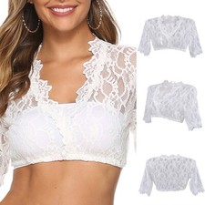 Damen Sexy Spitze Dirndlbluse 3/4 Arm Trachten Bluse Oktoberfest Wrap Crop Weiß