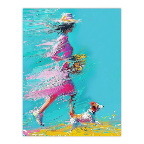 Woman and pet windy walk - and,