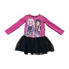 Langarmkleid Gr. 128/134 Top Model rosa pink m. schwarzem Tüllrock & 2 Mädchen