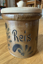 Alte Reis Vorratsdose Reistopf Vorratsgefäß Steingut mit Deckel aus Holz Keramik