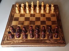 Alte große Schachfiguren aus Holz mit Schachbrett Backgammon Dame Schach #002