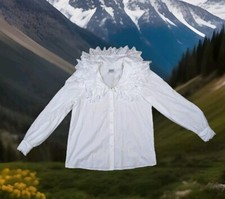 HESS FRACKMANN Vintage Trachtenbluse Damen 40 Weiss auffälliger Spitzen-Kragen