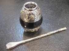 Kalebasse Bombilla Silber 800/925 + Gold 750 Argentinien Handarbeit Mate Tee Set