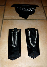 Schirmmütze+Armstulpen Karneval fetis Kostüm Neu Schwarz Kunstleder Kette Biker