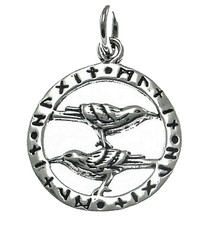 925 Silber Wikinger Anhänger Runenkreis Odins Raben Hugin u. Munin Futhark +Band