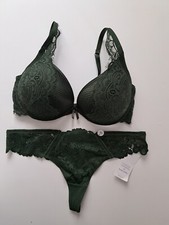 neues Hunkemöller BH-Set Duffle Bag grün Push-up-BH 85D und String XL Spitze