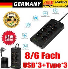 Steckdosenleiste 8-Fach 3 USB Mehrfachsteckdose mit Flachstecker und Schalter