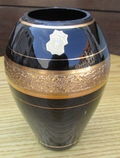 Blumenvase VEB Kunstglas Wasungen Schwarzglas Hyalithvase mit Golddekor 14 x 9,5