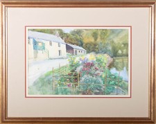 Aquarell Des 20. Jahrhunderts - Ländliche Gasse Mit Blumengarten