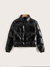 Damen Lack Jacke Wetlook Lackjacke Schwarz Bomberjacke Winterjacke  Warm Gr M