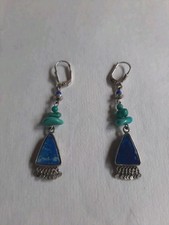 schöne alte Ohrhänger 925 Silber mit Türkis u. Lapislazuli, 5,4 cm lang, Vintage