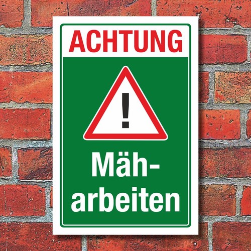 Schild achtung mäharbeiten - schild,