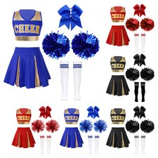 DE Cheerleader Kostüm Kinder Cheer Uniformen mit Pompons Socken und Haarzubehör