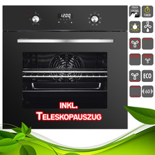 Einbaubackofen 64L Autark Schwarz Glasfront Teleskopauszug Display Timer Uhr NEU