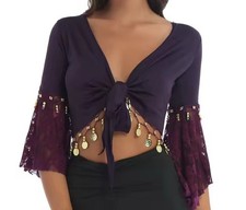 Lila Damen 3/4 Flare Ärmel Perlen Münze Quaste Schnürung Schal Bauchtanz Kostüm